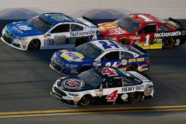 DAYTONA BEACH, FL - JULY 01:  Dale Earnhardt Jr., driver of the #88 Nationwide Chevrolet, Chase Elliott, driver of the #24 NAPA Patriotic Chevrolet, Kevin Harvick, driver of the #4 Jimmy John's Ford, and Jamie McMurray, driver of the #1 McDonald's $1 Any Size Soft Drink Chevrolet, race during the Monster Energy NASCAR Cup Series 59th Annual Coke Zero 400 Powered By Coca-Cola at Daytona International Speedway on July 1, 2017 in Daytona Beach, Florida.  (Photo by Matt Sullivan/Getty Images)