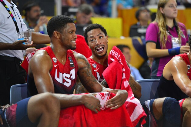 BILBAO, SPAIN - SEPTEMBER 3: Rudy Gay #8 and Derrick Rose #6 of the USA Basketball Men's National Team during a game against the Dominican Republic Basketball Men's National Team during the 2014 FIBA World Cup at Bizkaia Arena in Bilbao Exhibition Centre on September 3, 2014 in Bilbao, Spain. NOTE TO USER: User expressly acknowledges and agrees that, by downloading and/or using this Photograph, user is consenting to the terms and conditions of the Getty Images License Agreement. Mandatory Copyright Notice: Copyright 2014 NBAE (Photo by David Dow/NBAE via Getty Images) BILBAO, SPAIN - SEPTEMBER 3: Rudy Gay #8 and Derrick Rose #6 of the USA Basketball Men's National Team during a game against the Dominican Republic Basketball Men's National Team during the 2014 FIBA World Cup at Bizkaia Arena in Bilbao Exhibition Centre on September 3, 2014 in Bilbao, Spain. NOTE TO USER: User expressly acknowledges and agrees that, by downloading and/or using this Photograph, user is consenting to the terms and conditions of the Getty Images License Agreement. Mandatory Copyright Notice: Copyright 2014 NBAE (Photo by David Dow/NBAE via Getty Images)