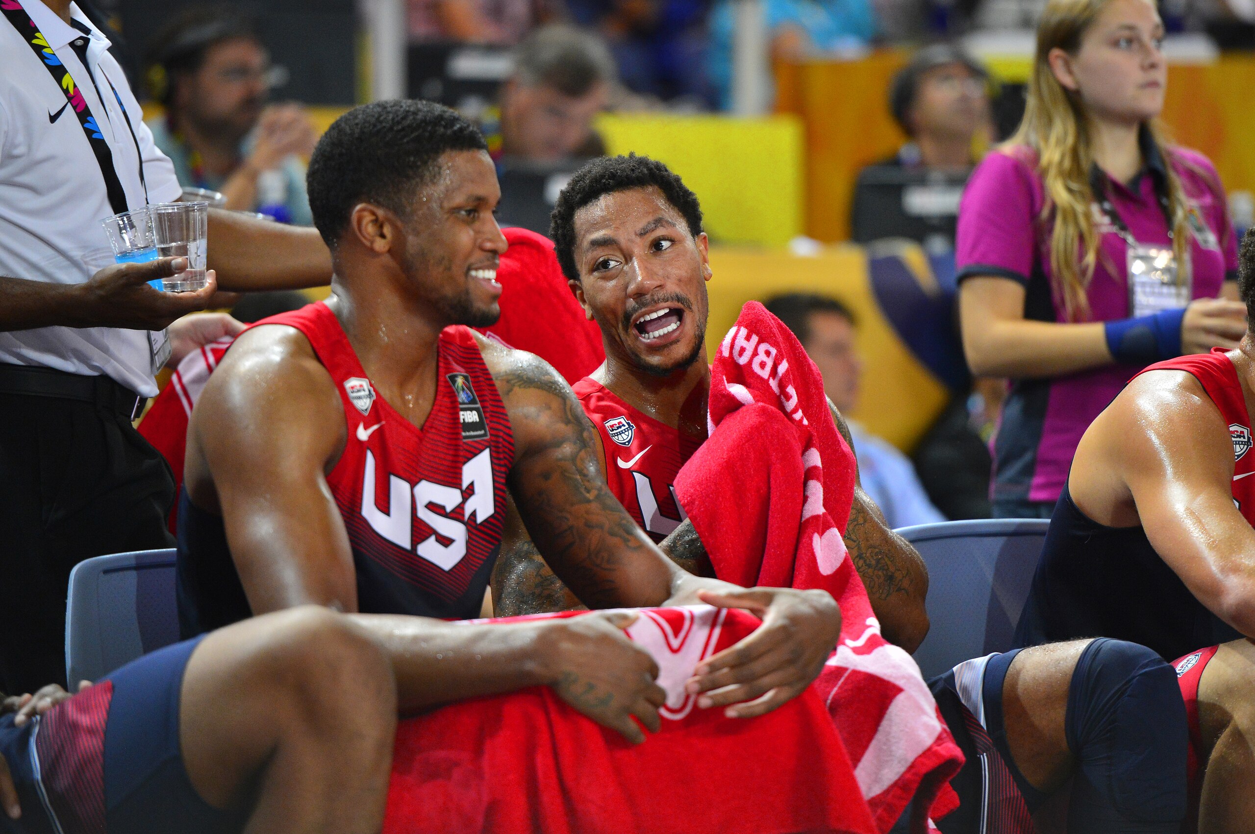 BILBAO, SPAIN - SEPTEMBER 3: Rudy Gay #8 and Derrick Rose #6 of the USA Basketball Men's National Team during a game against the Dominican Republic Basketball Men's National Team during the 2014 FIBA World Cup at Bizkaia Arena in Bilbao Exhibition Centre on September 3, 2014 in Bilbao, Spain.  NOTE TO USER: User expressly acknowledges and agrees that, by downloading and/or using this Photograph, user is consenting to the terms and conditions of the Getty Images License Agreement. Mandatory Copyright Notice: Copyright 2014 NBAE (Photo by David Dow/NBAE via Getty Images)
