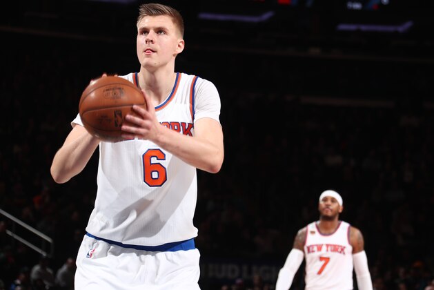 NEW YORK, NY - MARCH 27:  Kristaps Porzingis #6 of the New York Knicks shoots a free throw during a game against the Detroit Pistons on March 27, 2017 at Madison Square Garden in New York City, New York. NOTE TO USER: User expressly acknowledges and agrees that, by downloading and/or using this photograph, user is consenting to the terms and conditions of the Getty Images License Agreement. Mandatory Copyright Notice: Copyright 2017 NBAE (Photo by Nathaniel S. Butler/NBAE via Getty Images)