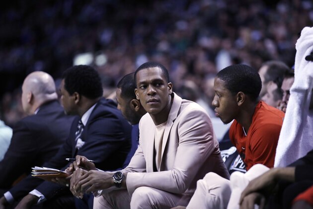 Chicago Bulls guard Rajon Rondo on the bench during the second quarter of a first-round NBA playoff basketball game in Boston, Wednesday, April 26, 2017. (AP Photo/Charles Krupa)