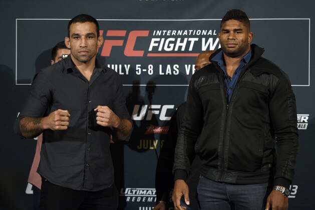 LOS ANGELES, CA - JUNE 29: Fabricio Werdum (L), and
Alistair Overeem face off during the UFC International Fight Week Media Day June 29, 2017, in Los Angeles, California. (Photo by Kevork Djansezian/Zuffa LLC via Getty Images)