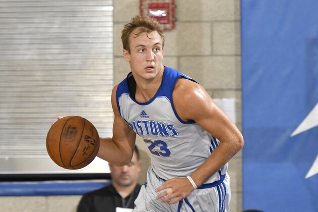 ORLANDO, FL - JULY 2: Luke Kennard #23 of the Detroit Pistons handles the ball against the New York Knicks during the 2017 Summer League on July 2, 2017 at Amway Center in Orlando, Florida. NOTE TO USER: User expressly acknowledges and agrees that, by downloading and or using this photograph, User is consenting to the terms and conditions of the Getty Images License Agreement. Mandatory Copyright Notice: Copyright 2017 NBAE (Photo by Fernando Medina/NBAE via Getty Images)