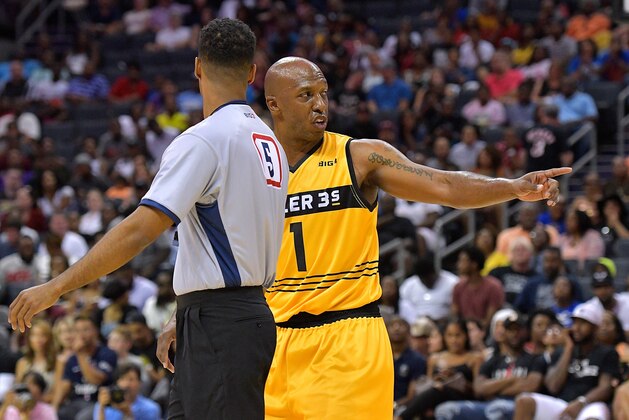 CHARLOTTE, NC - JULY 02:  Chauncey Billups #1 of Killer 3s talks with an official in a game against Power during week two of the BIG3 three on three basketball league at Spectrum Center on July 2, 2017 in Charlotte, North Carolina.  (Photo by Grant Halverson/Getty Images)