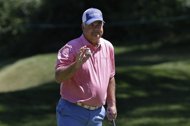 Kenny Perry reacts after sinking a putt on the second hole during the fourth round of the U.S. Senior Open golf tournament, Sunday, July 2, 2017, in Peabody, Mass. (AP Photo/Steven Senne) Kenny Perry reacts after sinking a putt on the second hole during the fourth round of the U.S. Senior Open golf tournament, Sunday, July 2, 2017, in Peabody, Mass. (AP Photo/Steven Senne)