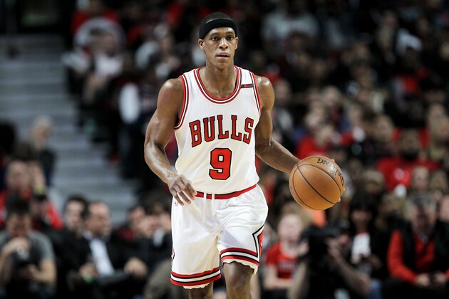 CHICAGO, IL - APRIL 12:  Rajon Rondo #9 of the Chicago Bulls dribbles the ball in the second quarter against the Brooklyn Nets at United Center on April 12, 2017 in Chicago, Illinois. NOTE TO USER: User expressly acknowledges and agrees that, by downloading and or using this photograph, User is consenting to the terms and conditions of the Getty Images License Agreement. (Photo by Dylan Buell/Getty Images)
