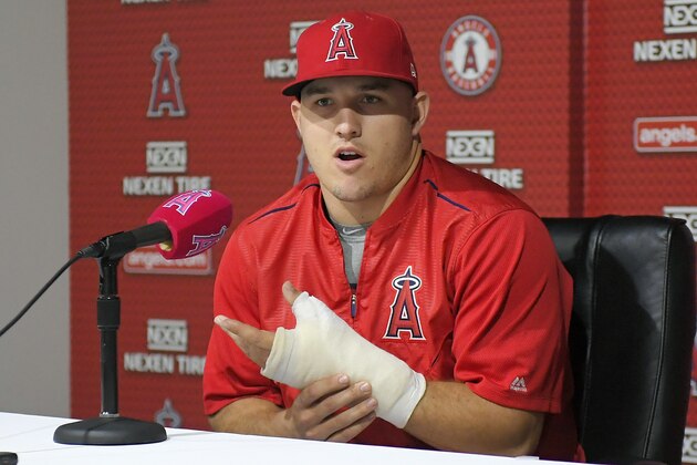 Los Angeles Angels' Mike Trout speaks about his injured thumb during a news conference prior to the team's baseball game against the Detroit Tigers, Saturday, June 3, 2017, in Anaheim, Calif. (AP Photo/Mark J. Terrill)