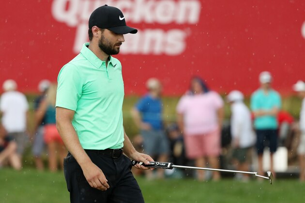 POTOMAC, MD - JULY 02:  Kyle Stanley of the United States reacts on the 16th green during the final round of the Quicken Loans National on July 2, 2017 TPC Potomac in Potomac, Maryland.  (Photo by Patrick Smith/Getty Images)