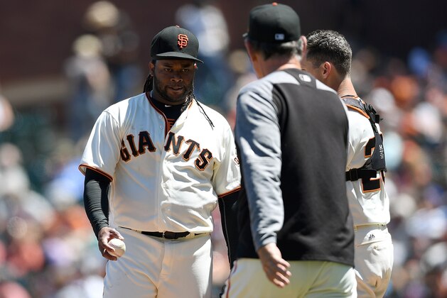 SAN FRANCISCO, CA - JUNE 14:  Manager Bruce Bochy #15 of the San Francisco Giants comes out to take the ball from starting pitcher Johnny Cueto #47 taking Cueto out of the game against the Kansas City Royals in the top of the six inning at AT&T Park on June 14, 2017 in San Francisco, California.  (Photo by Thearon W. Henderson/Getty Images)