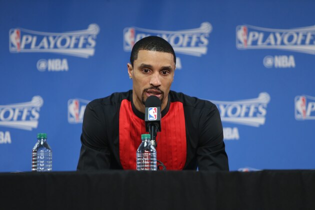 SALT LAKE CITY, UT - APRIL 21:  George Hill #3 of the Utah Jazz talks to the media during a press conference after Game Six of the Western Conference Quarterfinals against the LA Clippers during the 2017 NBA Playoffs on April 21, 2017 at vivint.SmartHome Arena in Salt Lake City, Utah. NOTE TO USER: User expressly acknowledges and agrees that, by downloading and or using this Photograph, User is consenting to the terms and conditions of the Getty Images License Agreement. Mandatory Copyright Notice: Copyright 2017 NBAE (Photo by Melissa Majchrzak/NBAE via Getty Images)