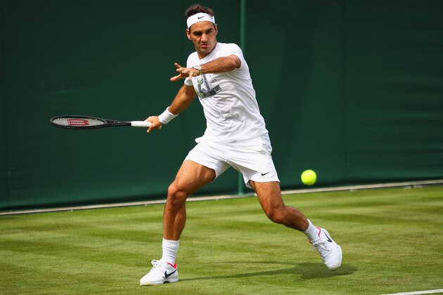 LONDON, ENGLAND - JUNE 30:  Roger Federer of Switzerland plays a forehand during practice ahead of Wimbledon Lawn Tennis Championships at the All England Lawn Tennis and Croquet Club on June 30, 2017 in London, England.  (Photo by Clive Brunskill/Getty Images)