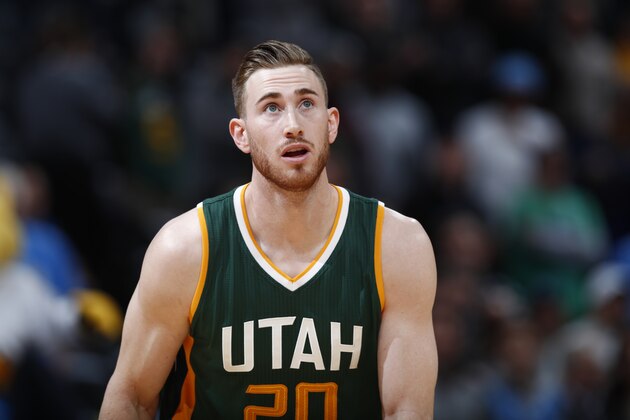 Utah Jazz forward Gordon Hayward (20) in the first half of an NBA basketball game Tuesday, Jan. 24, 2017, in Denver. (AP Photo/David Zalubowski)