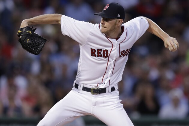 Boston Red Sox starting pitcher Chris Sale delivers during a baseball game at Fenway Park in Boston, Monday, June 26, 2017. (AP Photo/Charles Krupa)