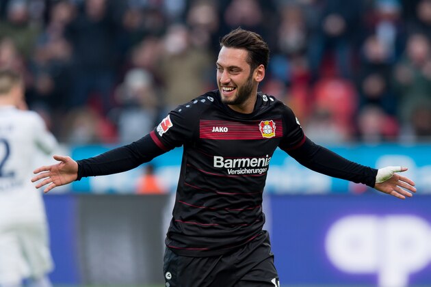 LEVERKUSEN, GERMANY - JANUARY 22: Hakan Calhanoglu of Leverkusen celebrates his goal during the Bundesliga match between Bayer 04 Leverkusen and Hertha BSC at BayArena on January 22, 2017 in Leverkusen, Germany. (Photo by TF-Images/Getty Images)