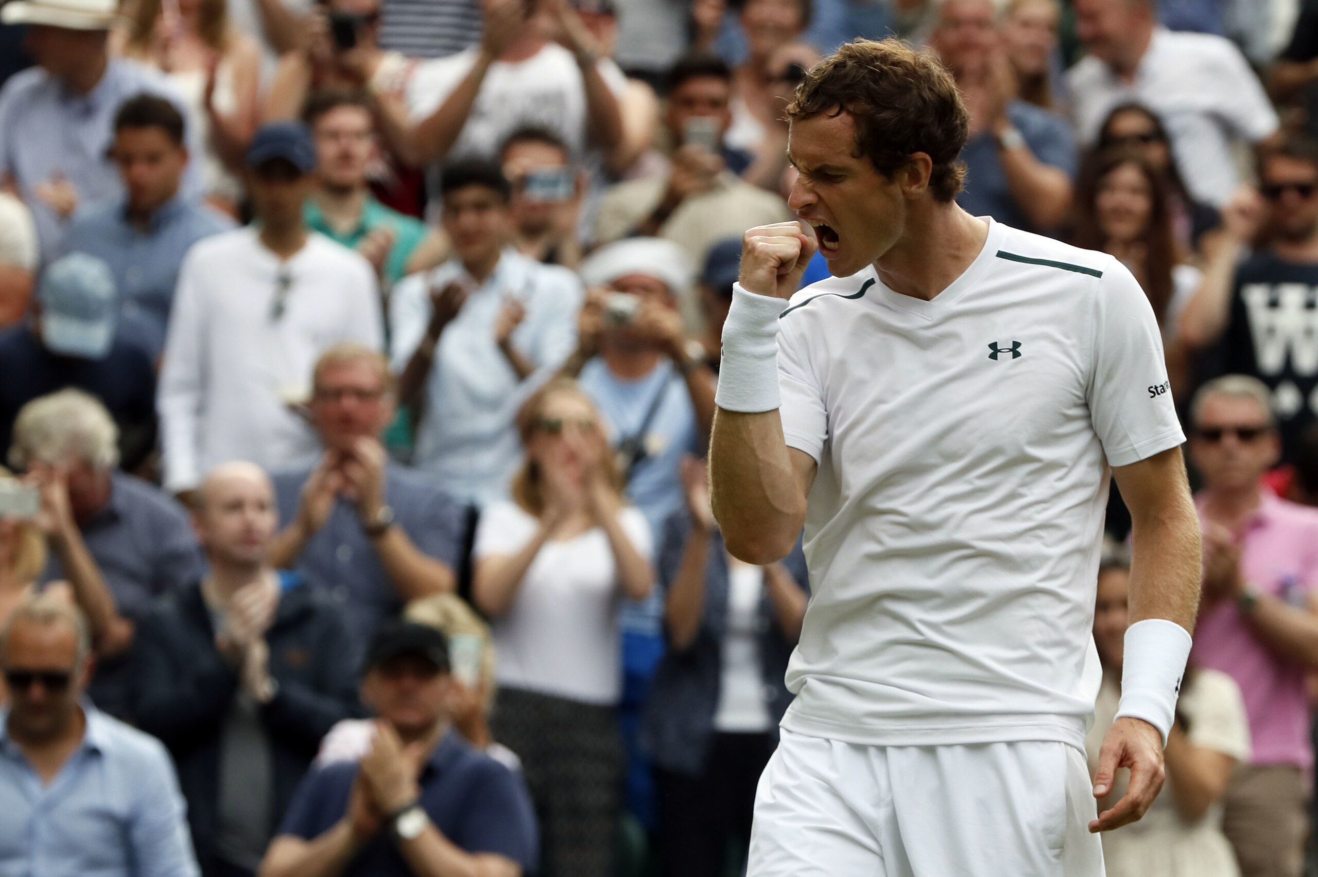 Britain's Andy Murray celebrates after beating Kazakhstan's Alexander Bublik in their Men's Singles Match on the opening day at the Wimbledon Tennis Championships in London Monday, July 3, 2017. (AP Photo/Kirsty Wigglesworth) Britain's Andy Murray celebrates after beating Kazakhstan's Alexander Bublik in their Men's Singles Match on the opening day at the Wimbledon Tennis Championships in London Monday, July 3, 2017. (AP Photo/Kirsty Wigglesworth)