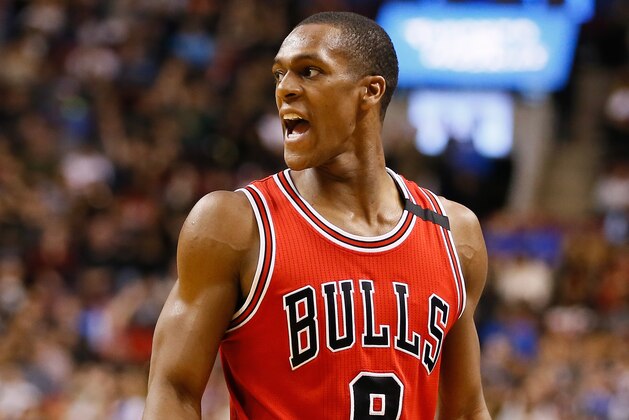 Mar 21, 2017; Toronto, Ontario, CAN; Chicago Bulls guard Rajon Rondo (9) reacts after a play against the Toronto Raptors at the Air Canada Centre. Toronto defeated Chicago 122-120 in overtime. Mandatory Credit: John E. Sokolowski-USA TODAY Sports