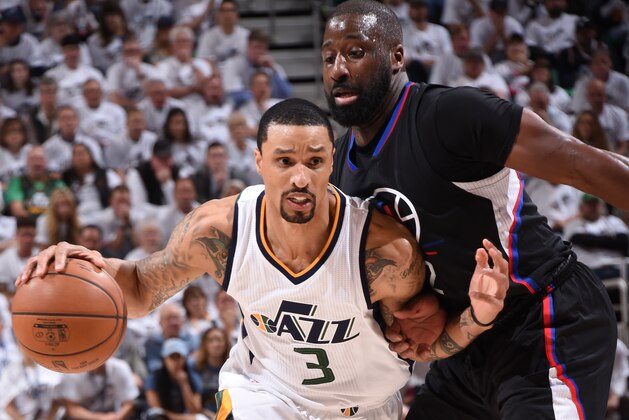 SALT LAKE CITY, UT - APRIL 28:  George Hill #3 of the Utah Jazz handles the ball against the Los Angeles Clippers during Game Six of the Western Conference Quarterfinals of the 2017 NBA Playoffs on April 28, 2017 at vivint.SmartHome Arena in Salt Lake City, Utah. NOTE TO USER: User expressly acknowledges and agrees that, by downloading and/or using this Photograph, user is consenting to the terms and conditions of the Getty Images License Agreement. Mandatory Copyright Notice: Copyright 2017 NBAE (Photo by Andrew D. Bernstein/NBAE via Getty Images)
