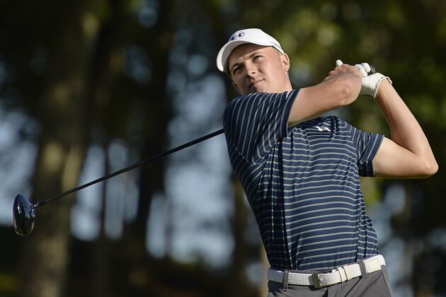 Jordan Spieth hits off the 18th tee during a playoff in the final round of the Travelers Championship golf tournament, Sunday, June 25, 2017, in Cromwell, Conn. (AP Photo/Jessica Hill)