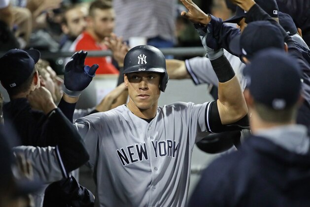 CHICAGO, IL - JUNE 28: Aaron Judge #99 of the New York Yankees is congratulated by teammates in the dugout after hitting a two run home run in the 6th inning against the Chicago White Sox at Guaranteed Rate Field on June 28, 2017 in Chicago, Illinois. (Photo by Jonathan Daniel/Getty Images) CHICAGO, IL - JUNE 28: Aaron Judge #99 of the New York Yankees is congratulated by teammates in the dugout after hitting a two run home run in the 6th inning against the Chicago White Sox at Guaranteed Rate Field on June 28, 2017 in Chicago, Illinois. (Photo by Jonathan Daniel/Getty Images)