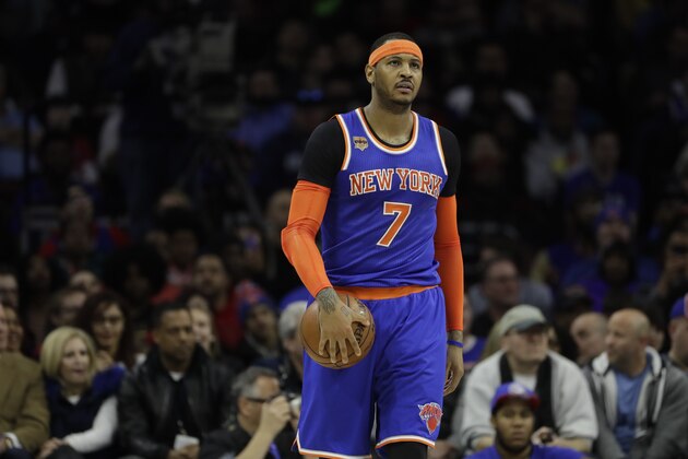 New York Knicks' Carmelo Anthony in action during an NBA basketball game against the Philadelphia 76ers, Friday, March 3, 2017, in Philadelphia. (AP Photo/Matt Slocum)