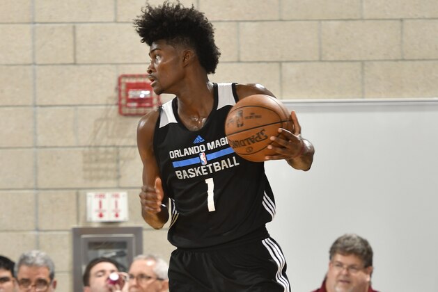 ORLANDO, FL - JULY 2: Jonathan Isaac #1 of the Orlando Magic handles the ball against the Miami Heat during the 2017 Summer League on July 2, 2017 at Amway Center in Orlando, Florida. NOTE TO USER: User expressly acknowledges and agrees that, by downloading and or using this photograph, User is consenting to the terms and conditions of the Getty Images License Agreement. Mandatory Copyright Notice: Copyright 2017 NBAE (Photo by Fernando Medina/NBAE via Getty Images)