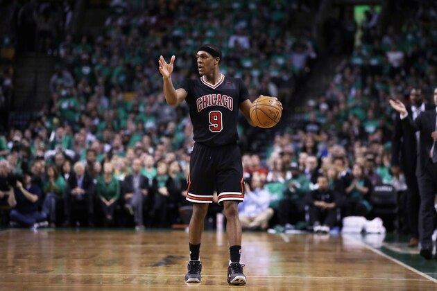 Chicago Bulls guard Rajon Rondo (9) during the second quarter of a first-round NBA playoff basketball game in Boston, Tuesday, April 18, 2017. (AP Photo/Charles Krupa)