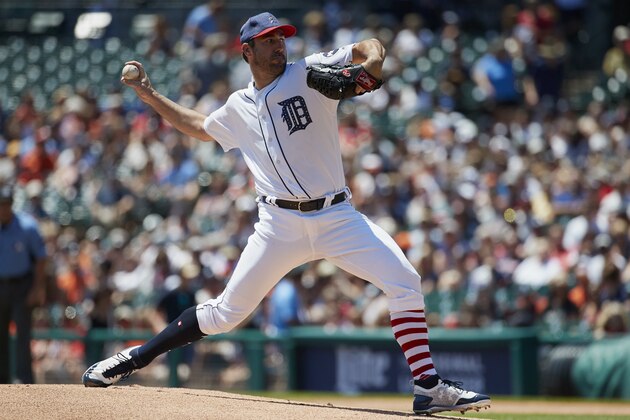 Detroit Tigers starting pitcher Justin Verlander (35) pitches against the Cleveland Indians in the first inning of a baseball game in Detroit, Sunday, July 2, 2017. (AP Photo/Rick Osentoski)