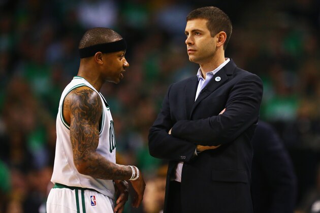 BOSTON, MA - APRIL 24: Isaiah Thomas #4 of the Boston Celtics talks with Head Coach Brad Stevens during the second quarter of Game Four of the Eastern Conference Quarterfinals against the Atlanta Hawks during the 2016 NBA Playoffs at TD Garden on April 24, 2016 in Boston, Massachusetts. NOTE TO USER User expressly acknowledges and agrees that, by downloading and or using this photograph, user is consenting to the terms and conditions of the Getty Images License Agreement. (Photo by Maddie Meyer/Getty Images) BOSTON, MA - APRIL 24: Isaiah Thomas #4 of the Boston Celtics talks with Head Coach Brad Stevens during the second quarter of Game Four of the Eastern Conference Quarterfinals against the Atlanta Hawks during the 2016 NBA Playoffs at TD Garden on April 24, 2016 in Boston, Massachusetts. NOTE TO USER User expressly acknowledges and agrees that, by downloading and or using this photograph, user is consenting to the terms and conditions of the Getty Images License Agreement. (Photo by Maddie Meyer/Getty Images)