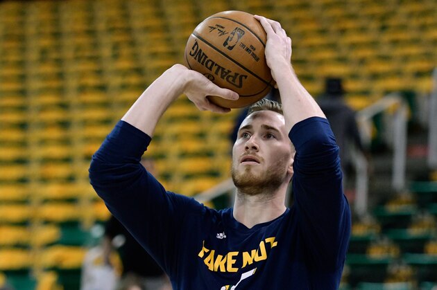 SALT LAKE CITY, UT - MAY 8: Gordon Hayward #20 of the Utah Jazz practices prior to their game against the Golden State Warriors in Game Four of the Western Conference Semifinals during the 2017 NBA Playoffs at Vivint Smart Home Arena on May 8, 2017 in Salt Lake City, Utah. NOTE TO USER: User expressly acknowledges and agrees that, by downloading and or using this photograph, User is consenting to the terms and conditions of the Getty Images License Agreement. (Photo by Gene Sweeney Jr/Getty Images)