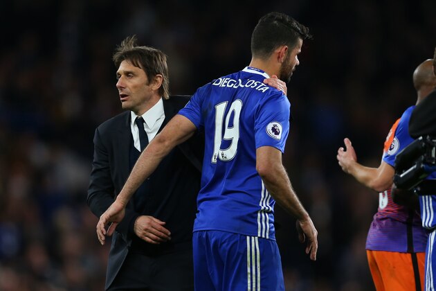 LONDON, ENGLAND - APRIL 05: Antonio Conte manager / head coach of Chelsea and Diego Costa of Chelsea after the Premier League match between Chelsea and Manchester City at Stamford Bridge on April 5, 2017 in London, England. (Photo by Catherine Ivill - AMA/Getty Images) LONDON, ENGLAND - APRIL 05: Antonio Conte manager / head coach of Chelsea and Diego Costa of Chelsea after the Premier League match between Chelsea and Manchester City at Stamford Bridge on April 5, 2017 in London, England. (Photo by Catherine Ivill - AMA/Getty Images)