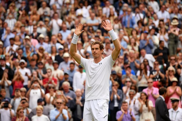 LONDON, ENGLAND - JULY 03:  Andy Murray of Great Britain acknowledges the crowd as he celebrates victory after the Gentlemen's Singles first round match against Alexander Bublik of Kazakhstan on day one of the Wimbledon Lawn Tennis Championships at the All England Lawn Tennis and Croquet Club on July 3, 2017 in London, England.  (Photo by David Ramos/Getty Images)