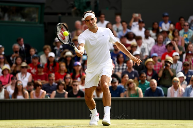 LONDON, ENGLAND - JULY 04: Roger Federer of Switzerland plays a forehand during the Gentlemen's Singles first round match against Alexandr Dolgopolov of Ukraine on day two of the Wimbledon Lawn Tennis Championships at the All England Lawn Tennis and Croquet Club on July 4, 2017 in London, England. (Photo by Michael Steele/Getty Images) LONDON, ENGLAND - JULY 04: Roger Federer of Switzerland plays a forehand during the Gentlemen's Singles first round match against Alexandr Dolgopolov of Ukraine on day two of the Wimbledon Lawn Tennis Championships at the All England Lawn Tennis and Croquet Club on July 4, 2017 in London, England. (Photo by Michael Steele/Getty Images)