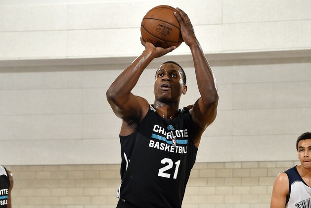 ORLANDO, FL - JULY 4: Treveon Graham #21 of the Charlotte Hornets shoots a free throw during the game against the Oklahoma City Thunder during the 2017 Orlando Summer League on July 4, 2017 at Amway Center in Orlando, Florida. NOTE TO USER: User expressly acknowledges and agrees that, by downloading and or using this photograph, User is consenting to the terms and conditions of the Getty Images License Agreement. Mandatory Copyright Notice: Copyright 2017 NBAE (Photo by Fernando Medina/NBAE via Getty Images)