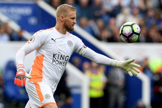 LEICESTER, ENGLAND - MAY 21:  Kasper Schmeichel of Leicester City in action during the Premier League match between Leicester City and AFC Bournemouth at The King Power Stadium on May 21, 2017 in Leicester, England.  (Photo by Ross Kinnaird/Getty Images)