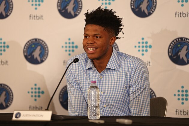 MINNEAPOLIS, MN - JUNE 27:  Justin Patton of the Minnesota Timberwolves is introduced to the media by head coach Tom Thibodeau and GM Scott Layden on June 27, 2017 at the Minnesota Timberwolves and Lynx Courts at Mayo Clinic Square in Minneapolis, Minnesota. NOTE TO USER: User expressly acknowledges and agrees that, by downloading and or using this Photograph, user is consenting to the terms and conditions of the Getty Images License Agreement. Mandatory Copyright Notice: Copyright 2017 NBAE (Photo by David Sherman/NBAE via Getty Images)