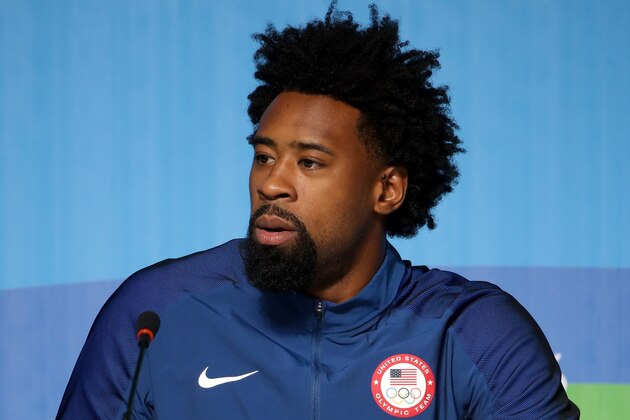 RIO DE JANEIRO, BRAZIL - AUGUST 04:  DeAndre Jordan of the United States speaks with the media during a press conference at the Main Press Centre ahead of the Rio 2016 Olympic Games on August 4, 2016 in Rio de Janeiro, Brazil.  (Photo by Chris Graythen/Getty Images)