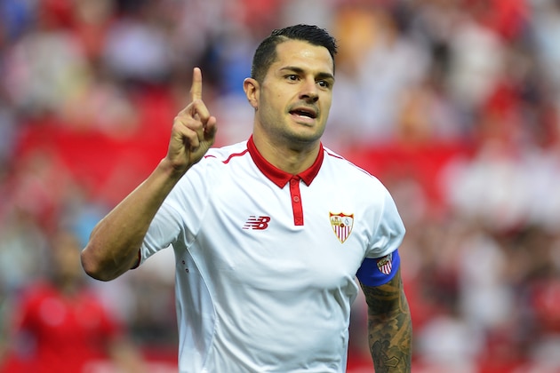 Sevilla's midfielder Vitolo celebrates after scoring a goal during the Spanish league football match Sevilla FC vs CA Osasuna at the Ramon Sanchez Pizjuan stadium in Sevilla on May 20, 2017. / AFP PHOTO / CRISTINA QUICLER        (Photo credit should read CRISTINA QUICLER/AFP/Getty Images)