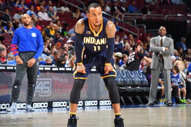 PHILADELPHIA,PA -  APRIL 10 : Monta Ellis #11 of the Indiana Pacers looks on against the Philadelphia 76ers at Wells Fargo Center on April 10, 2017 in Philadelphia, Pennsylvania NOTE TO USER: User expressly acknowledges and agrees that, by downloading and/or using this Photograph, user is consenting to the terms and conditions of the Getty Images License Agreement. Mandatory Copyright Notice: Copyright 2017 NBAE (Photo by Jesse D. Garrabrant/NBAE via Getty Images)
