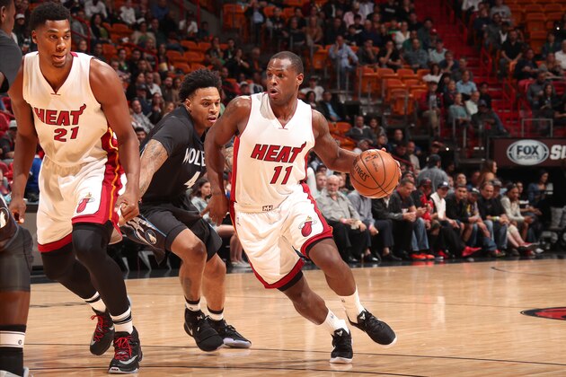 MIAMI, FL - MARCH 17: Dion Waiters #11 of the Miami Heat drives to the basket against the Minnesota Timberwolves on March 17, 2017 at American Airlines Arena in Miami, Florida. NOTE TO USER: User expressly acknowledges and agrees that, by downloading and or using this Photograph, user is consenting to the terms and conditions of the Getty Images License Agreement. Mandatory Copyright Notice: Copyright 2017 NBAE (Photo by Issac Baldizon/NBAE via Getty Images)
