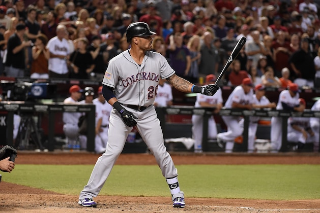PHOENIX, AZ - JULY 01:  Ian Desmond #20 of the Colorado Rockies gets ready in the batters box against the Arizona Diamondbacks at Chase Field on July 1, 2017 in Phoenix, Arizona.  (Photo by Norm Hall/Getty Images)