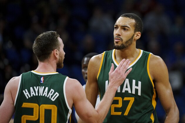MINNEAPOLIS, MN - NOVEMBER 28: Gordon Hayward #20 and Rudy Gobert #27 of the Utah Jazz speak during the game against the Minnesota Timberwolves on November 28, 2016 at Target Center in Minneapolis, Minnesota. NOTE TO USER: User expressly acknowledges and agrees that, by downloading and or using this Photograph, user is consenting to the terms and conditions of the Getty Images License Agreement. (Photo by Hannah Foslien/Getty Images)