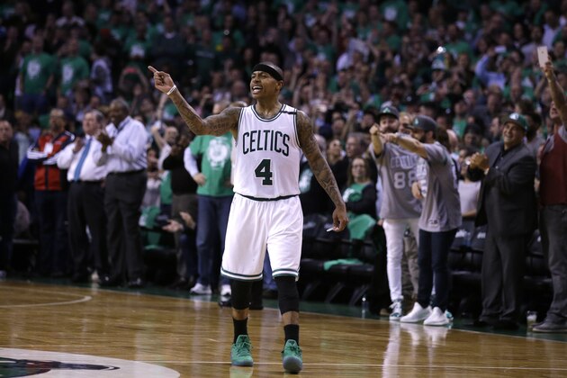 Boston Celtics guard Isaiah Thomas (4) points as he celebrates during the second half of Game 7 of an NBA basketball second-round playoff series Boston, Monday, May 15, 2017. (AP Photo/Charles Krupa)
