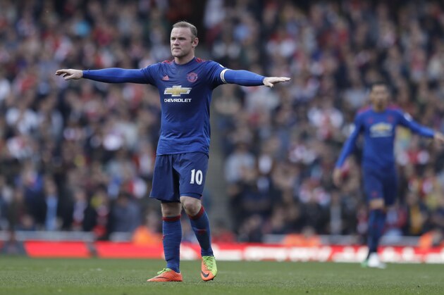 Manchester United's Wayne Rooney gestures during the English Premier League soccer match between Arsenal and Manchester United at the Emirates stadium in London, Sunday, May 7, 2017. (AP Photo/Matt Dunham)
