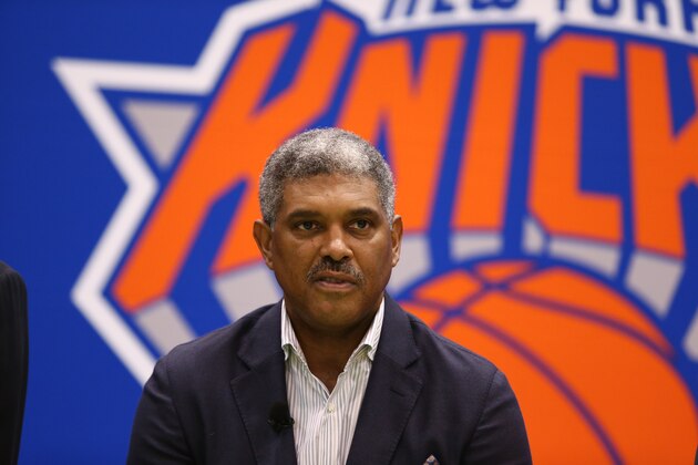GREENSBURGH, NY - JULY 08:  New York Knicks General Manager Steve Mills during a press conference introducing the Knicks new free agent signings at the Madison Square Garden Training Facility on July 8, 2016 in Greenburgh, New York. NOTE TO USER: User expressly acknowledges and agrees that, by downloading and or using this photograph, User is consenting to the terms and conditions of the Getty Images License Agreement. Mandatory Copyright Notice: Copyright 2016 NBAE (Photo by Nathaniel S. Butler/NBAE via Getty Images)