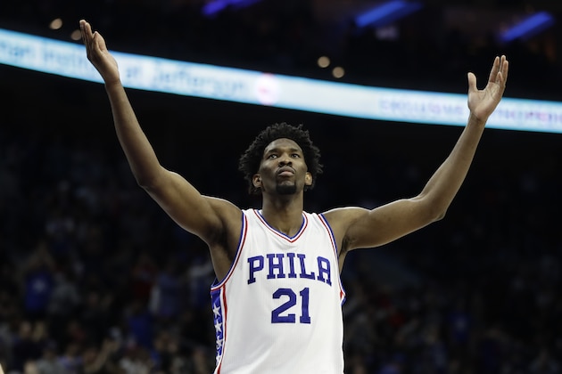 Philadelphia 76ers' Joel Embiid in action during an NBA basketball game against the Houston Rockets, Friday, Jan. 27, 2017, in Philadelphia. (AP Photo/Matt Slocum)