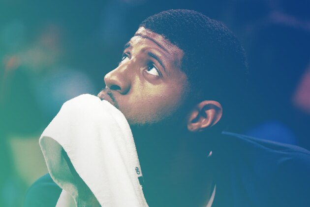 Indiana Pacers' Paul George looks on during the first half of an NBA basketball game against the Philadelphia 76ers, Monday, April 10, 2017, in Philadelphia. The Pacers won 120-111. (AP Photo/Chris Szagola) Indiana Pacers' Paul George looks on during the first half of an NBA basketball game against the Philadelphia 76ers, Monday, April 10, 2017, in Philadelphia. The Pacers won 120-111. (AP Photo/Chris Szagola)