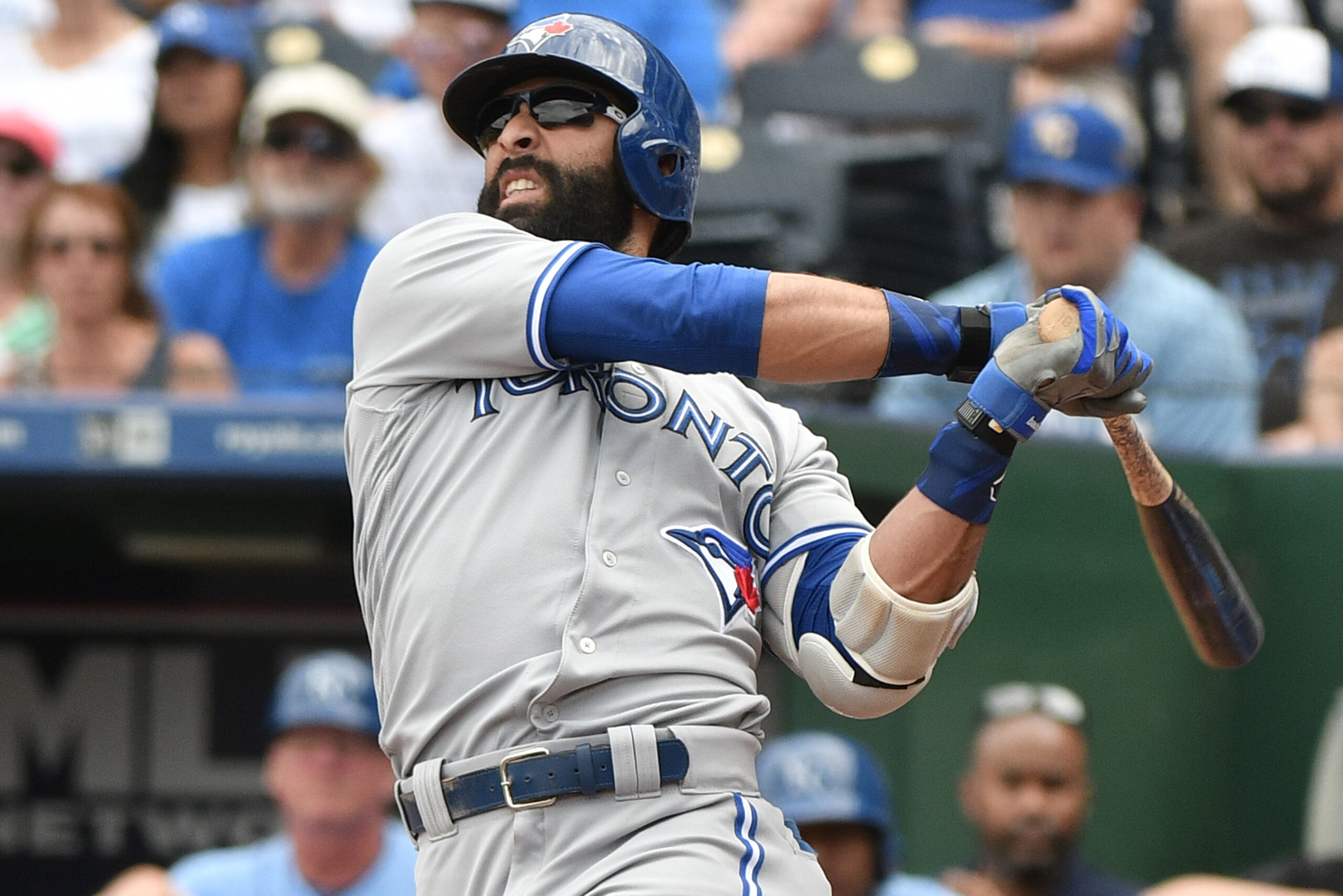 KANSAS CITY, MO - JUNE 25: Jose Bautista #19 of the Toronto Blue Jays hits a two-run home run in the fifth inning against the Toronto Blue Jays at Kauffman Stadium on June 25, 2017 in Kansas City, Missouri. (Photo by Ed Zurga/Getty Images)