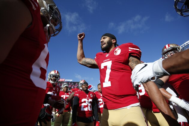SANTA CLARA, CA - JANUARY 1: Colin Kaepernick #7 of the San Francisco 49ers fires the team up on the field prior to the game against the Seattle Seahawks at Levi Stadium on January 1, 2017 in Santa Clara, California. The Seahawks defeated the 49ers 25-23. (Photo by Michael Zagaris/San Francisco 49ers/Getty Images) SANTA CLARA, CA - JANUARY 1: Colin Kaepernick #7 of the San Francisco 49ers fires the team up on the field prior to the game against the Seattle Seahawks at Levi Stadium on January 1, 2017 in Santa Clara, California. The Seahawks defeated the 49ers 25-23. (Photo by Michael Zagaris/San Francisco 49ers/Getty Images)