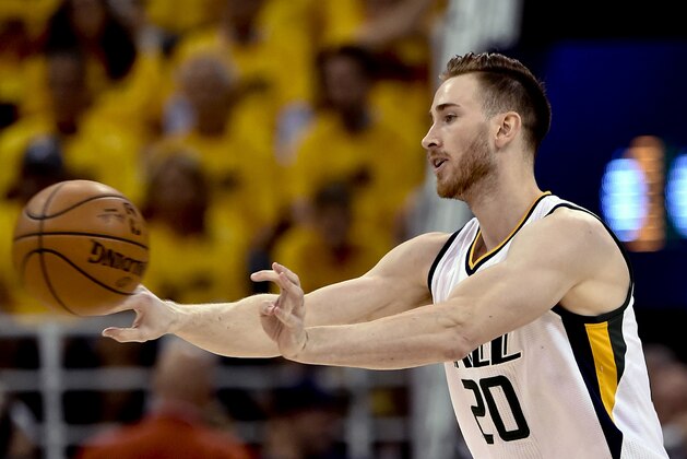 SALT LAKE CITY, UT - MAY 6: Gordon Hayward #20 of the Utah Jazz passes in the second half of their 102-91 loss to the Golden State Warriors in Game Three of the Western Conference Semifinals during the 2017 NBA Playoffs at Vivint Smart Home Arena on May 6, 2017 in Salt Lake City, Utah. NOTE TO USER: User expressly acknowledges and agrees that, by downloading and or using this photograph, User is consenting to the terms and conditions of the Getty Images License Agreement. (Photo by Gene Sweeney Jr/Getty Images)