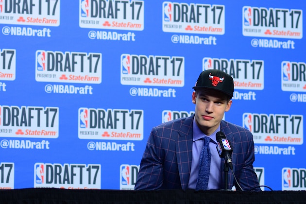 BROOKLYN, NY - JUNE 22: Lauri Markkanen speaks with the media after being selected seventh overall by the Chicago Bulls at the 2017 NBA Draft on June 22, 2017 at Barclays Center in Brooklyn, New York. NOTE TO USER: User expressly acknowledges and agrees that, by downloading and or using this photograph, User is consenting to the terms and conditions of the Getty Images License Agreement. Mandatory Copyright Notice: Copyright 2017 NBAE (Photo by Stephen Pellegrino/NBAE via Getty Images)